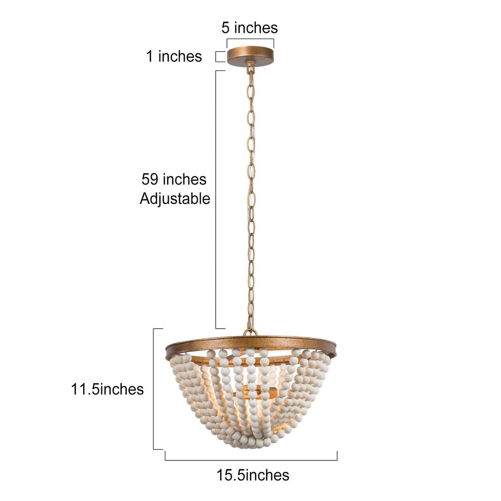 Wood Beaded Chandelier, 3-Light Boho Chandelier Light Fixtures Ceiling Lights with Antique Gold Finish