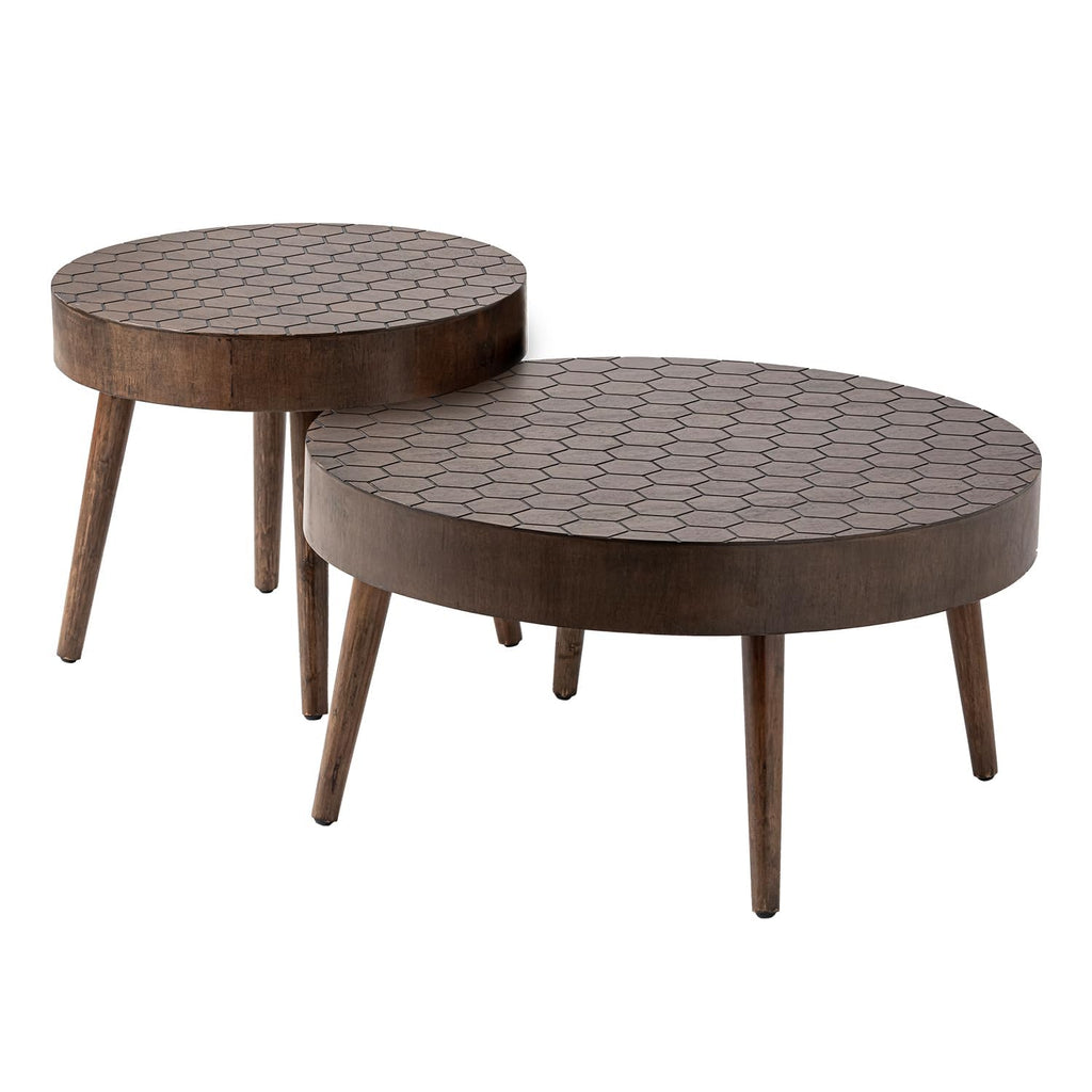 Round Coffee Table Set of 2, Nesting Tables with Honeycomb Pattern, Modern End Table, Farmhouse, Brown