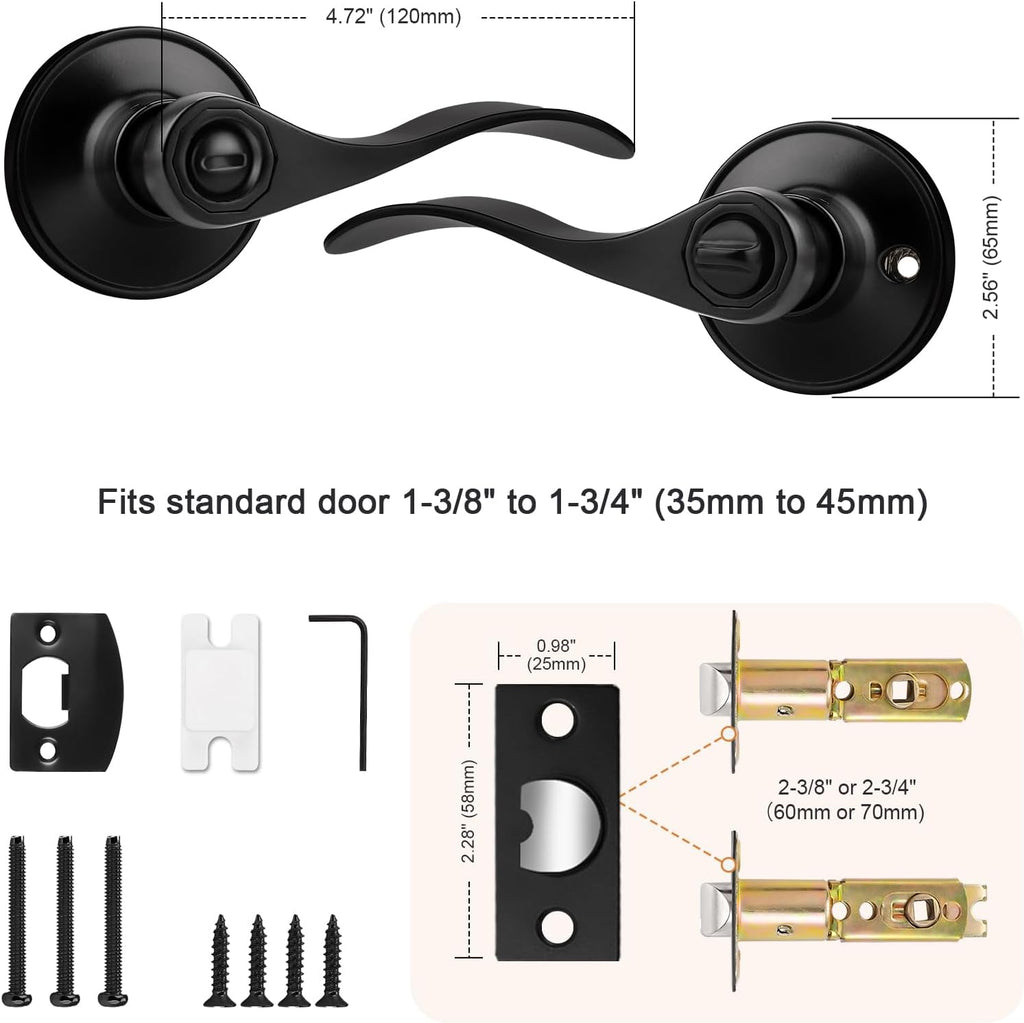 Matte Black Wave Style Bed/Bath Door Levers, Privacy Door Levers Interior Door Handles Bathroom