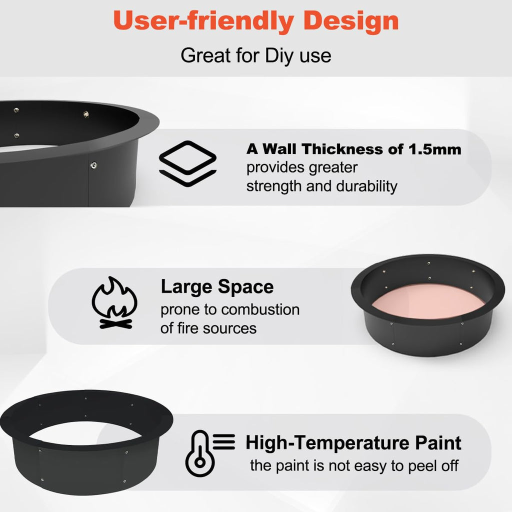 Outdoor Fire Pit Ring Liner 35-Inch Outer/31-Inch Inner Diameter, Heavy Duty Solid Metal Steel Round Firepit Rim