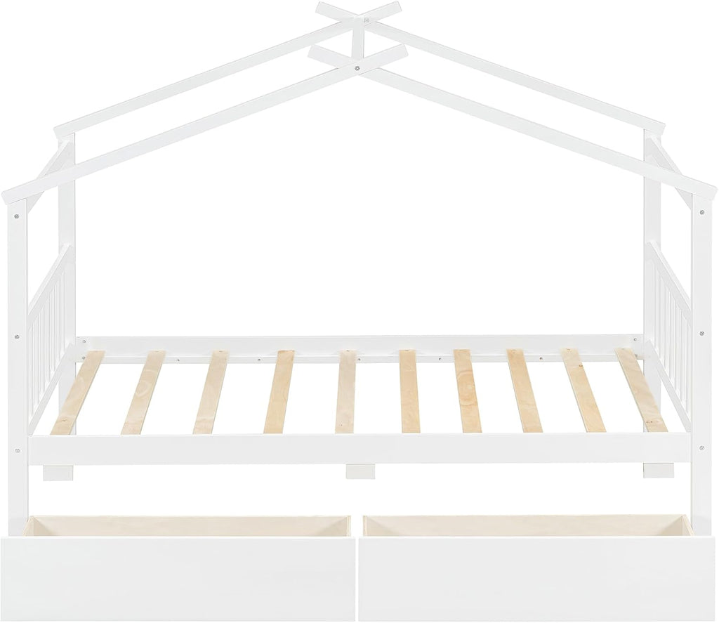 Twin Size House Bed with 2 Storage Drawers Wooden Kids Montessori House Bed Frame Wood Playhouse Tent Bed for Girls