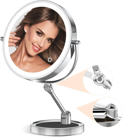 Tabletop Makeup Mirror with Built-in Vanity Tray, 9" Rechargeable 4000mAh Lighted Vanity Mirror 1X/10X Magnification