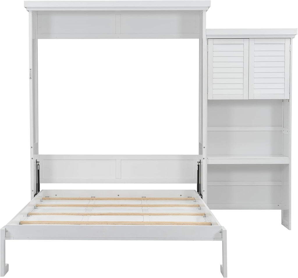 Queen Farmhouse Murphy Bed with Storage Cabinet and Shelves, Wooden Hidden Foldable Wall Bed Frame, Murphy Wall Bed