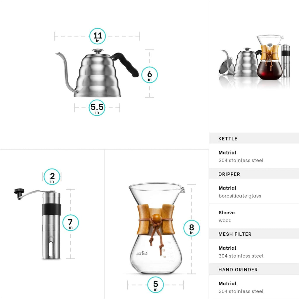 Pour Over Coffee Maker Set | Kit Includes 40 OZ Gooseneck Kettle with Thermometer, Coffee Mill Grinder & 20 OZ Coffee