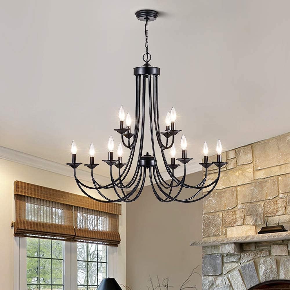 Farmhouse Candle Chandelier 12 Lights Rustic Industrial Wrought Iron Pendant Light Metal 2-Tier French Country Hanging Fixtures for Foyer Kitchen Island Living Room, Black