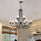 Farmhouse Candle Chandelier 12 Lights Rustic Industrial Wrought Iron Pendant Light Metal 2-Tier French Country Hanging Fixtures for Foyer Kitchen Island Living Room, Black