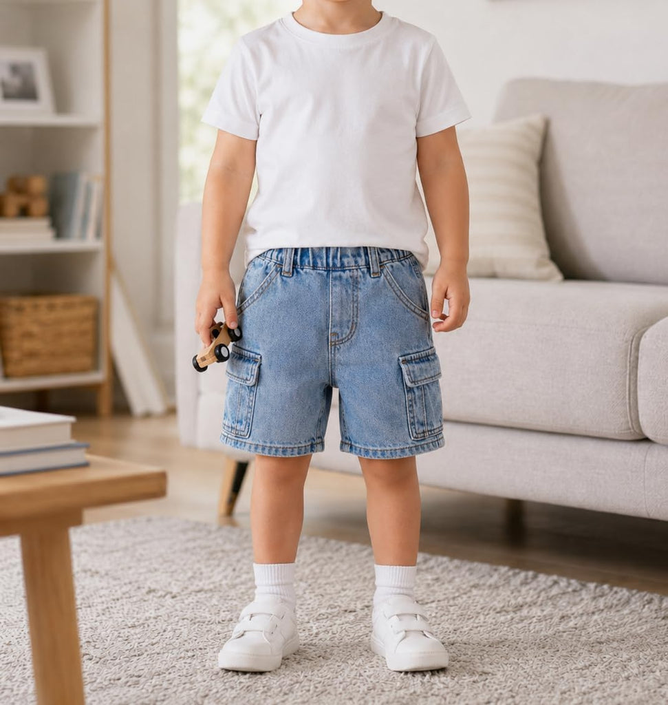 Boys Girls Cargo Denim Jeans Shorts Ribbed Elastic Half Pants