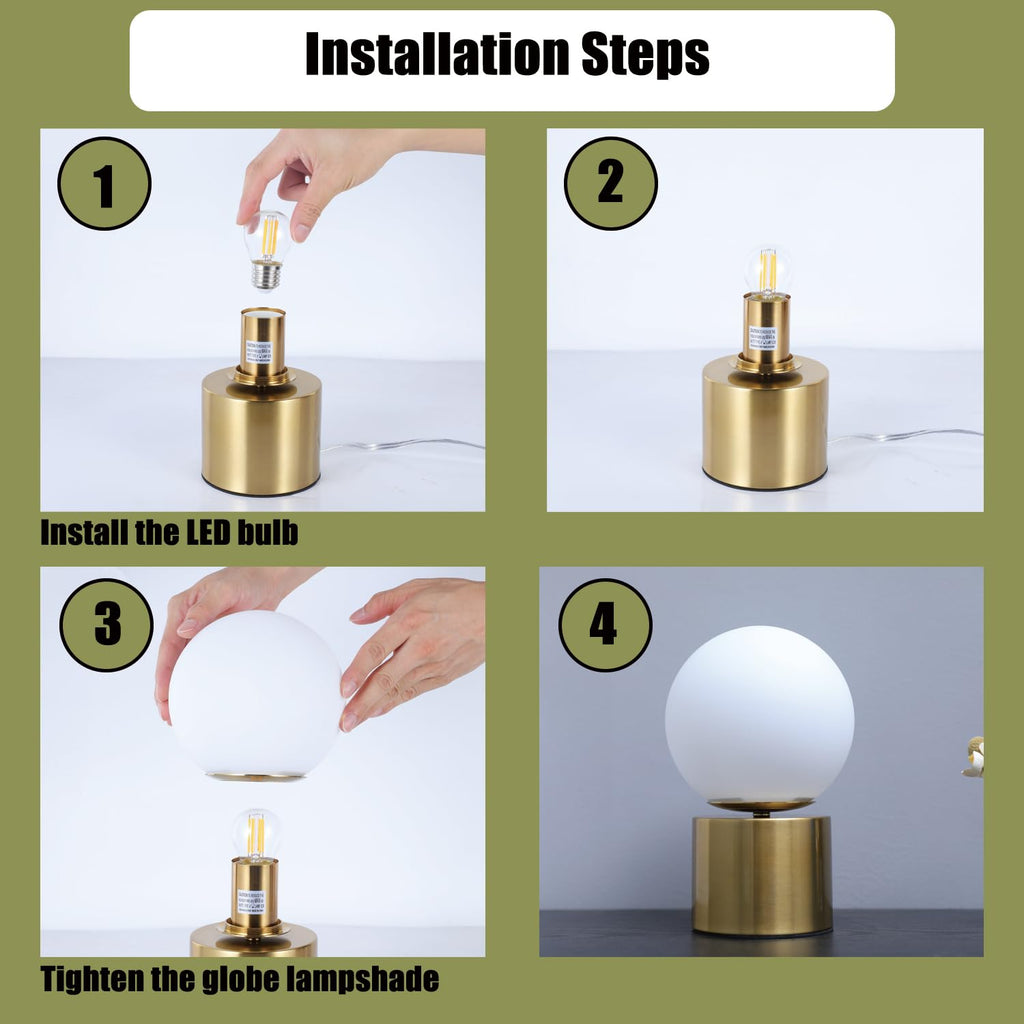 9.3 Ins Modern Gold Globe Table Lamp, Round Bedside Nightstand Lamp with White Glass Shade Metal Base Desk Lamp