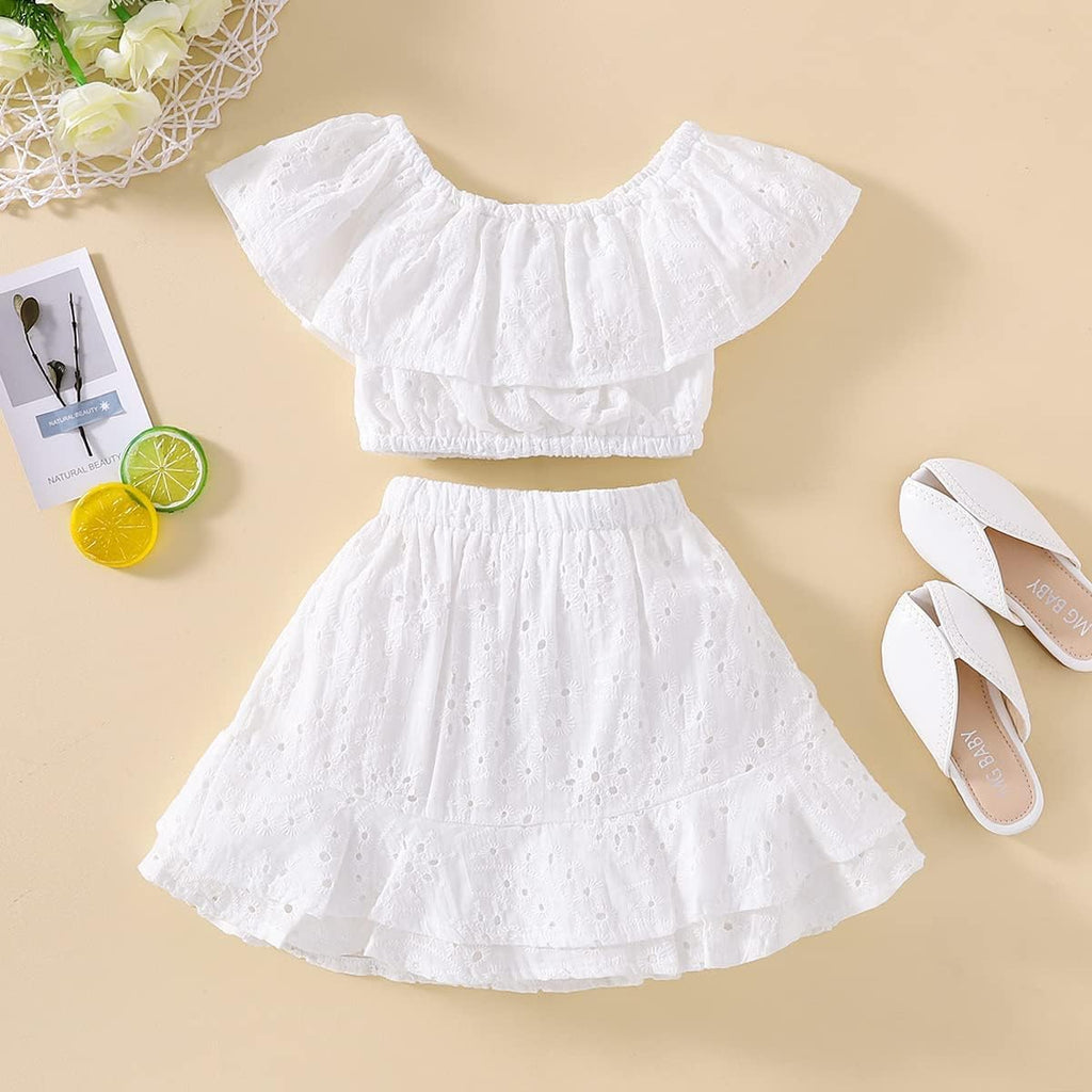 Kids Baby Girls Outfits Floral Ruffle Off Shoulder Crop Tops + Bowknot Denim Shorts Skirt Set Toddler Summer Clothes