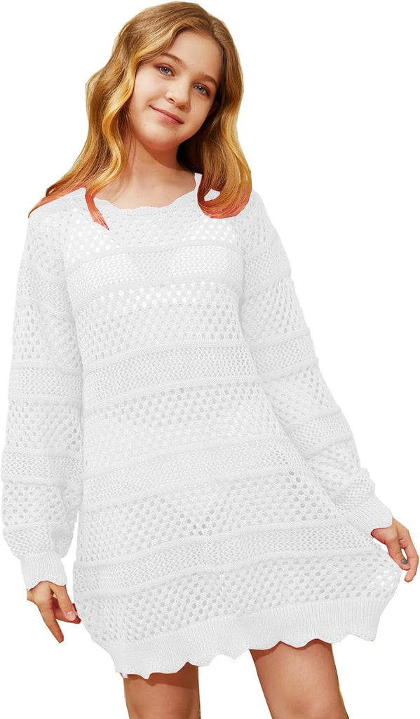 Girls Long Sleeve Swim Coverups Kids Fashion Crochet Beach Dress