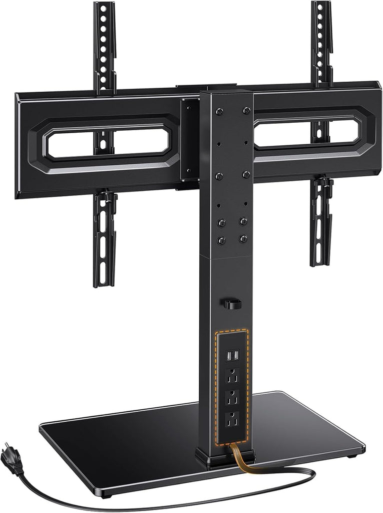 Universal TV Stand with Power Outlet, Swivel TV Stand for 32-80 inch TVs up to 99 lbs, TV Base with Tempered Glass