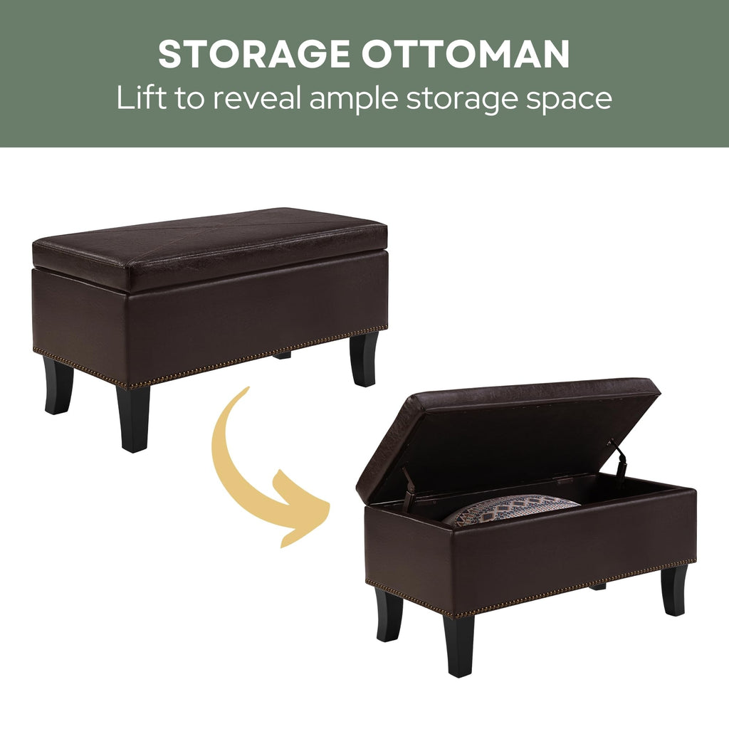 Designs4Comfort Winslow Storage Ottoman Bench 32" - Transitional Upholstered Footstool & Seat, & Bedroom, Espresso