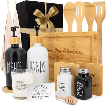 House Warming Gifts New Home - Home Essentials for New Home Gift Set Includes Scented Candle, Bamboo Cutting Board - Set of 18