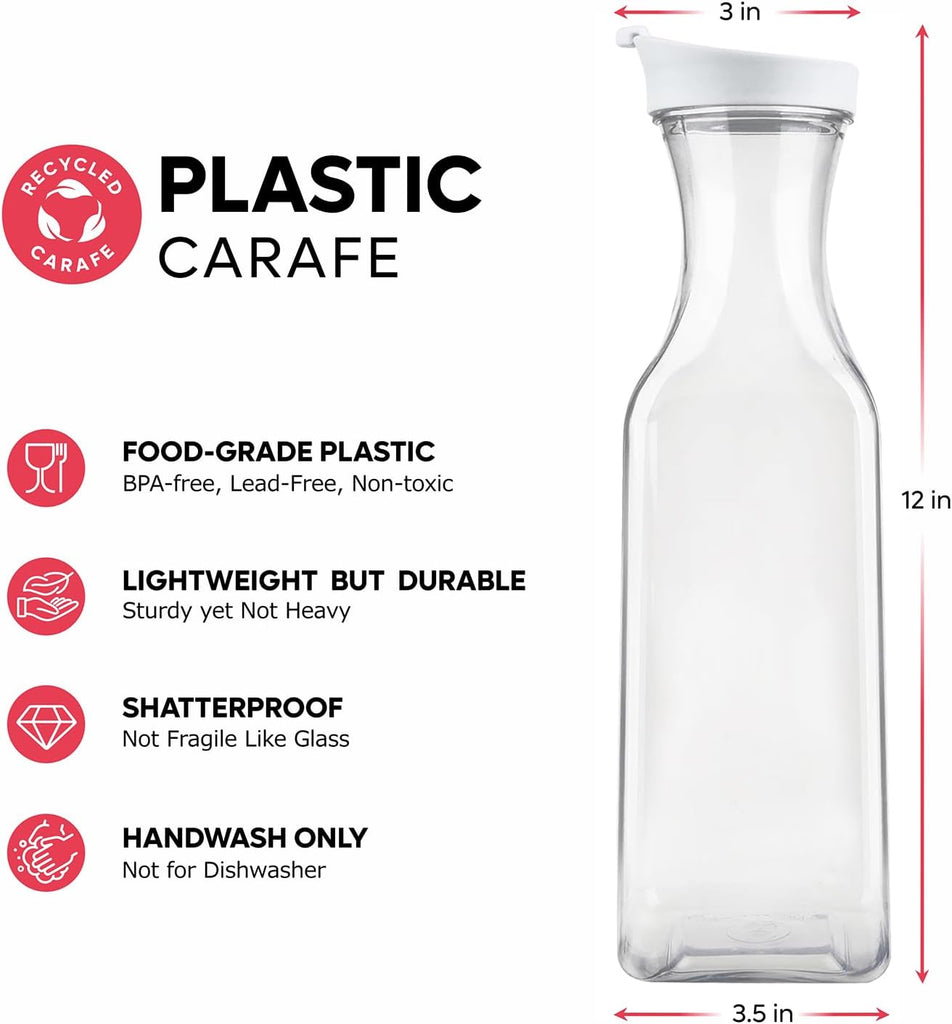 [50 oz - 4 Pack] Plastic Carafe with Lid, Large Capacity Square Base - Clear Pitcher with Flip Top Lid, Easy-Pour