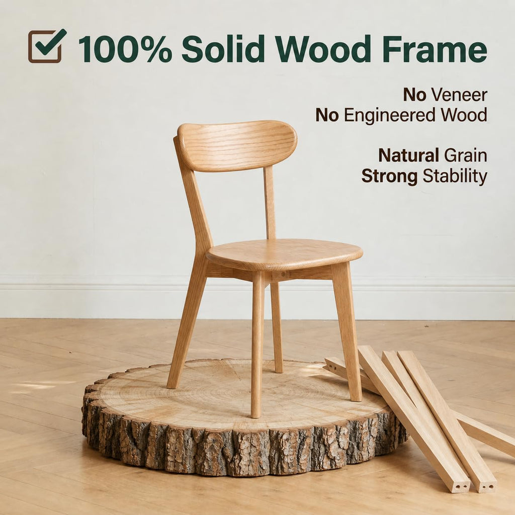 100% Solid Oak Dining Chairs Set of 2, Mid-Century Modern Dining Room Chairs, Wooden Kitchen Chairs with Curved
