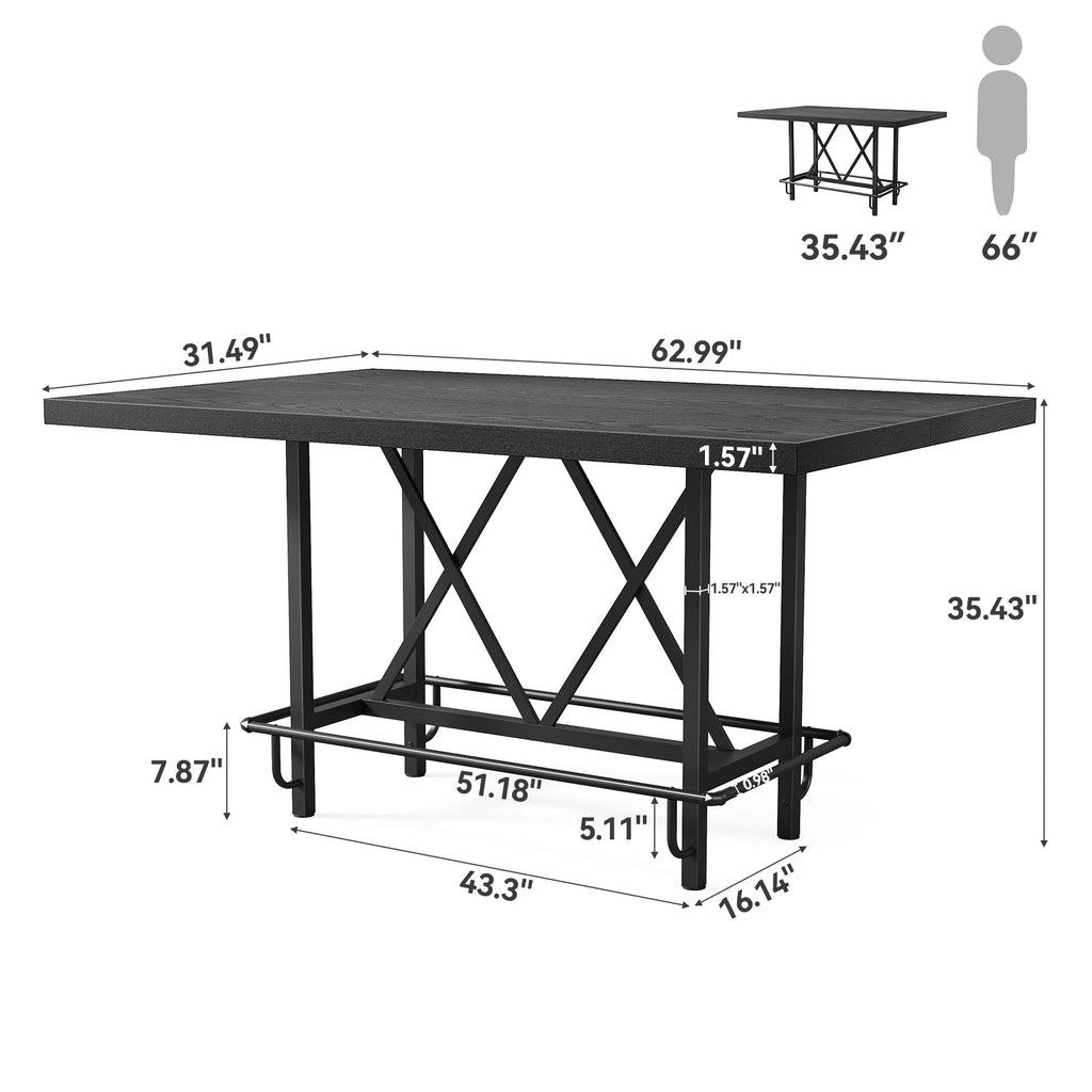 63-Inch Industrial Bar Table with Metal Footrest, Counter Height Pub Table Bar & Entertaining (Black)