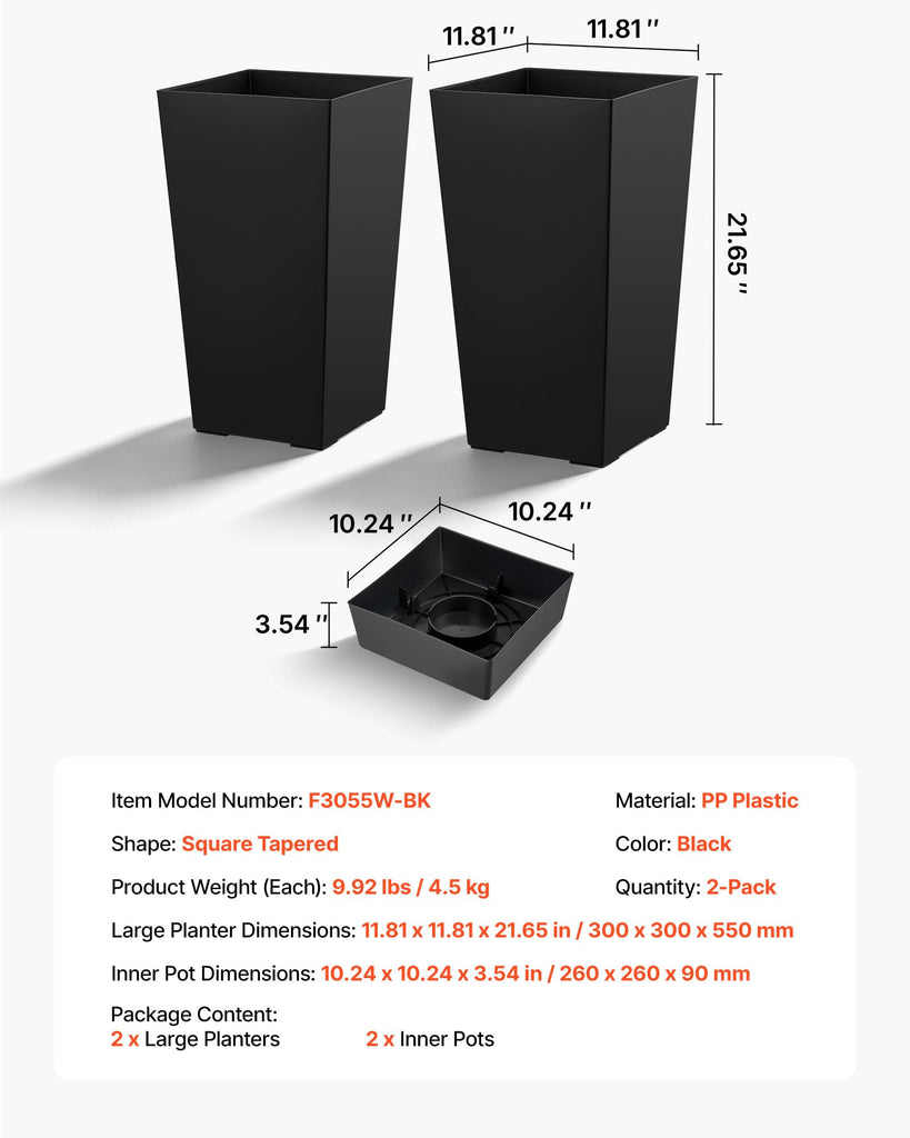 Set of 2 Tall Planters for Outdoor Plants 22 inch, Black Tall Planter for Indoor Plants, Modern Planters for Front