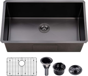 32 Inch Nano Black Undermount Kitchen Sink Stainless Steel Deep Single Bowl, 32"x18" Gunmetal Black 16-Gauge Zero