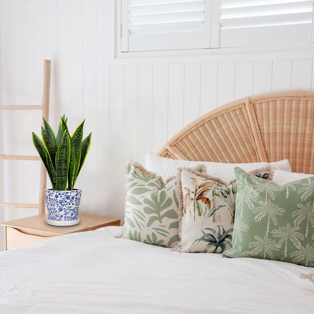 Fake Plants 15.7" Artificial Snake Plant Faux Plants in Blue and White Pot Tropical Sansevieria Silk Plant Fake