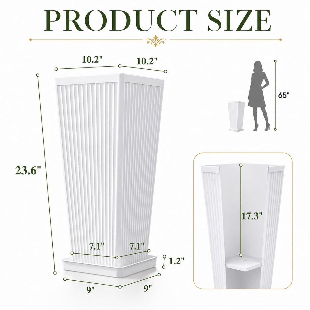24" Tall Planters for Outdoor Plants Set of 2 Square Fluted, White