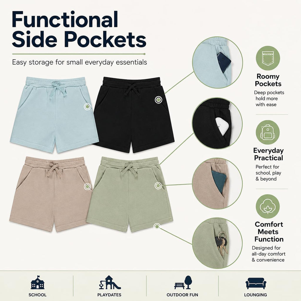 Boys 4 Pack French Terry Shorts Soft Breathable Cotton Lounge Shorts with Elastic Waist Drawstring