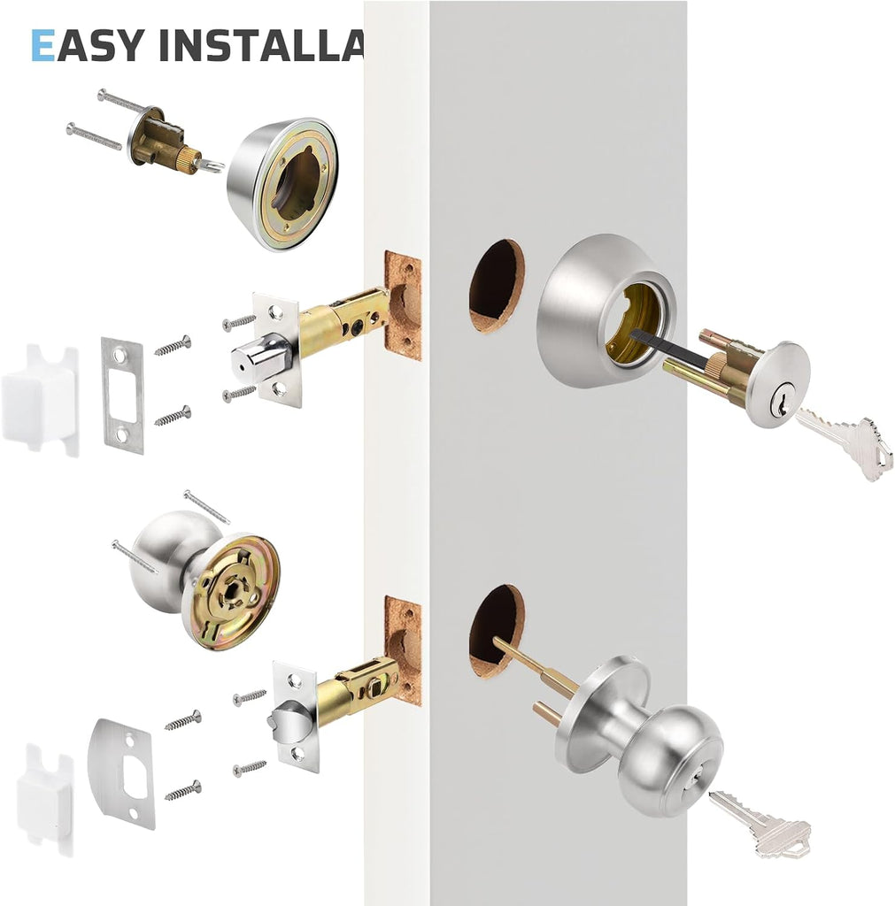 2 Pack Keyed Alike Door Knob and Double Cylinder Deadbolt Set, Exterior Door Lock Set, Double Keyed Door Knob, Satin