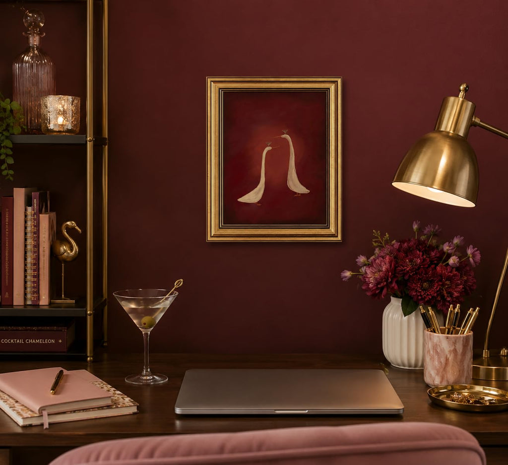 Gold Framed 3D Textured Wall Art, Red Martini Duck Canvas Prints, Minimalist Cocktail Animal Pictures Decor, Funny