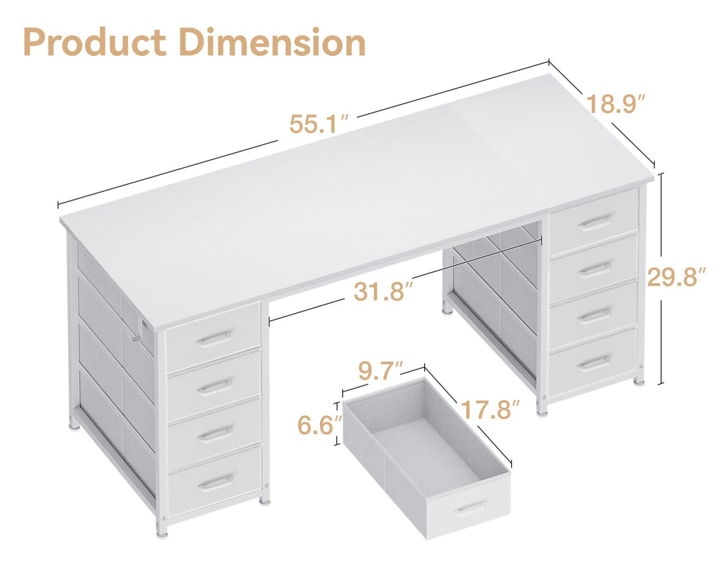 55 Inches Computer Desk with 8 Fabric Drawers, Modern Office Desk with Large Storage, Study, White