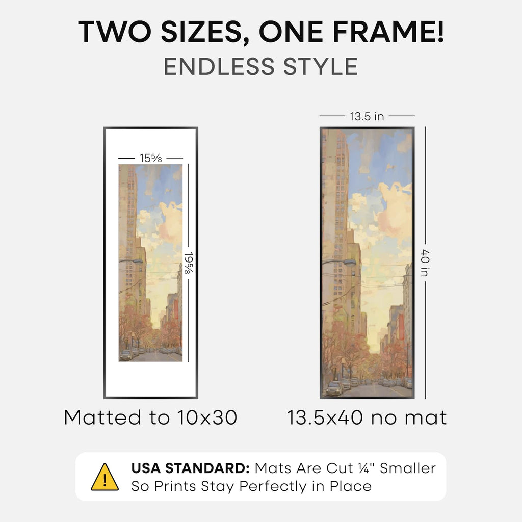 13.5x40 Black Picture Frame, High-End Metal, 10x30 Mat, Glass