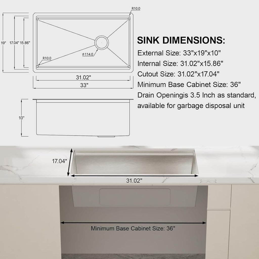 33 Inch Kitchen Sinks Undermount - 33" x 19" Stainless Steel Undermount Workstation 16 Gauge Single Bowl Deep Under