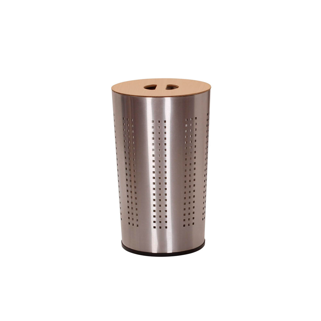 Round Metal Laundry Hamper with Engineered Wooden Lid, Removable Liner, and Ventilated Siding, Brushed Stainless