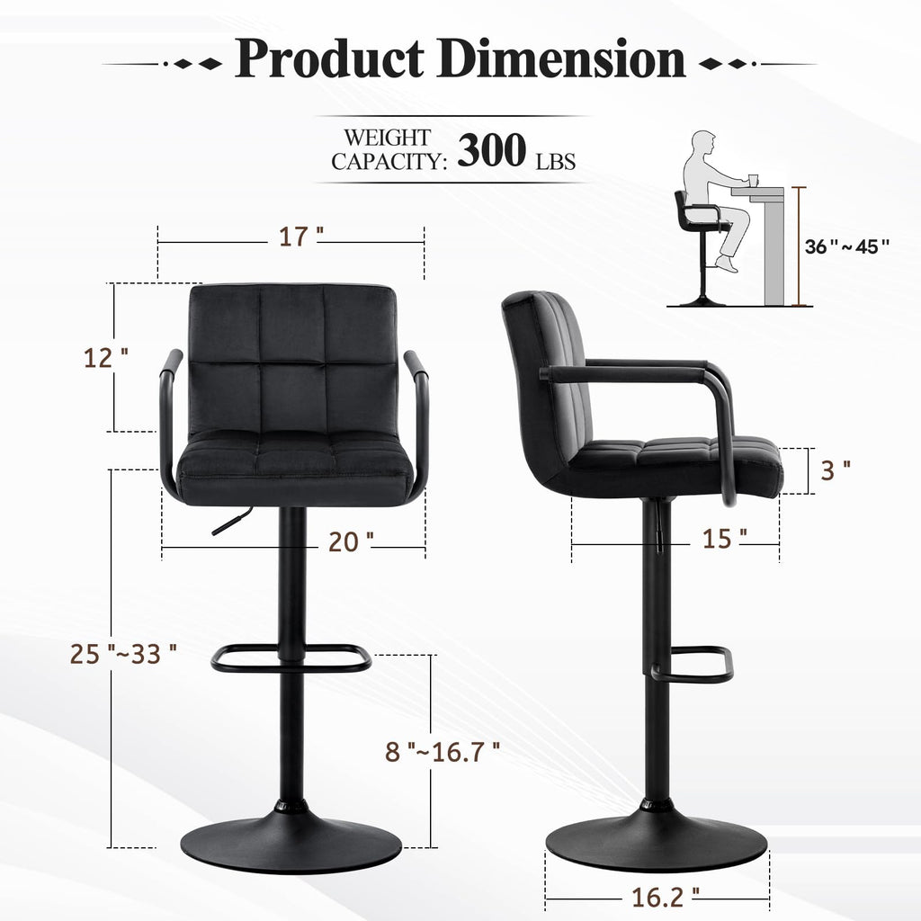 Adjustable Barstools with Back, Black bar stools Set of 2, Velvet 360°Swivel Bar Stools, Double Stitching Counter