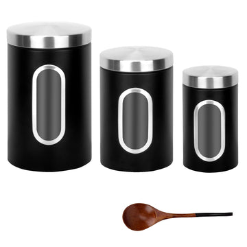 Black Kitchen Counter Canister set 3 pieces, 0.9/1.6/2.9 Quarts Stainless Steel Flour Sugar Tea Coffee Biscult