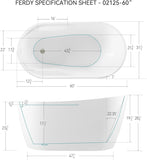Lana'i 60" Freestanding Bathtub, Gracefully Shaped Freestanding Soaking tub, Glossy White, cUPC Certified, Brushed