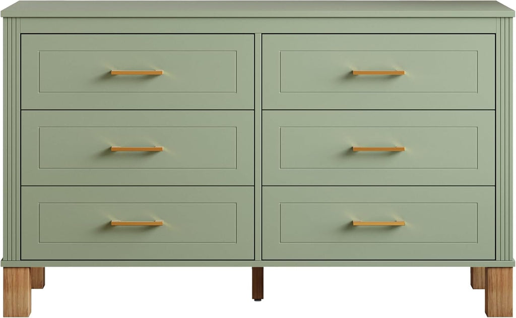 Modern 6 Drawers Double Dresser with Metal Handles for Bed Room, Sage Green | Dresser Chest of Drawers with Solid