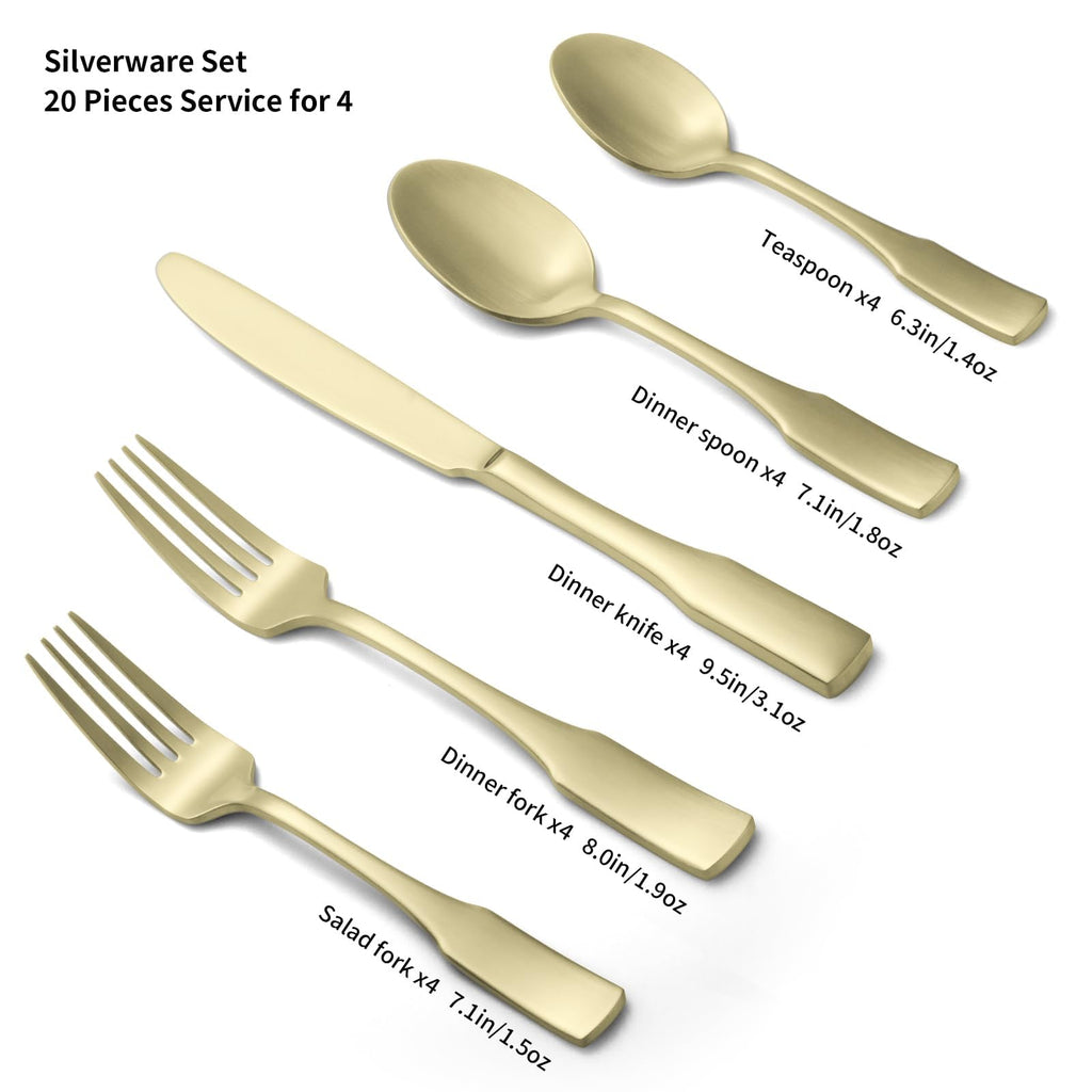 Champagne Gold Satin 20-Piece Silverware Set, Service for 4, Stainless Steel Flatware Set, Matte Polished