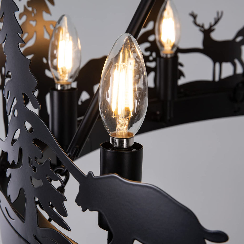 Rustic Forest Wagon Wheel Chandelier - 8-Light Black Iron with Pine Tree, Bear & Deer Silhouettes, W30" x H24"
