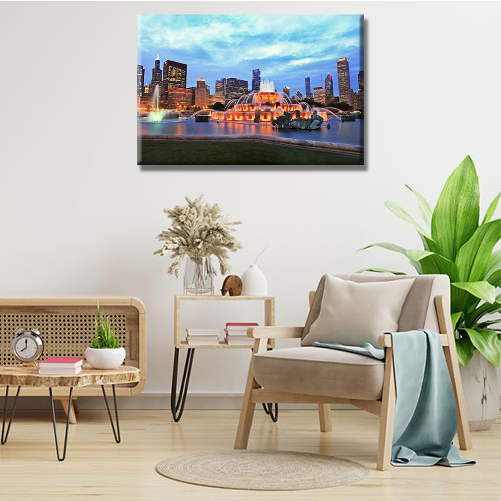 Buckingham Fountain at Dusk Canvas Wall Chicago Skyline Wall Decor 1 Piece Chicago Illinois Wall Bedroom Bathroom