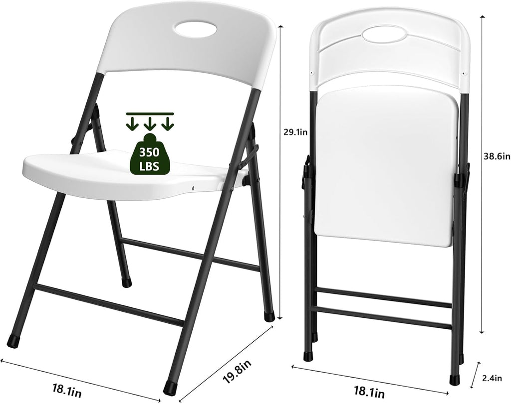 2 Pack White Folding Chair, Plastic Portable Stackable Commercial Seats with Steel Frame 350lb, Heavy Duty Foldable
