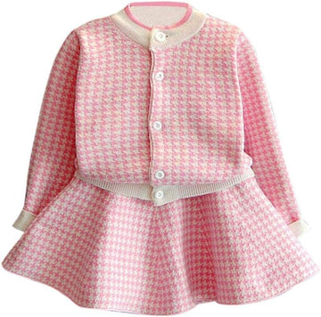 Girls Dress Autumn Winter Toddler Kids Plaid Knitted Sweater Dress Set Baby Girls Coat Tops+Skirt Set