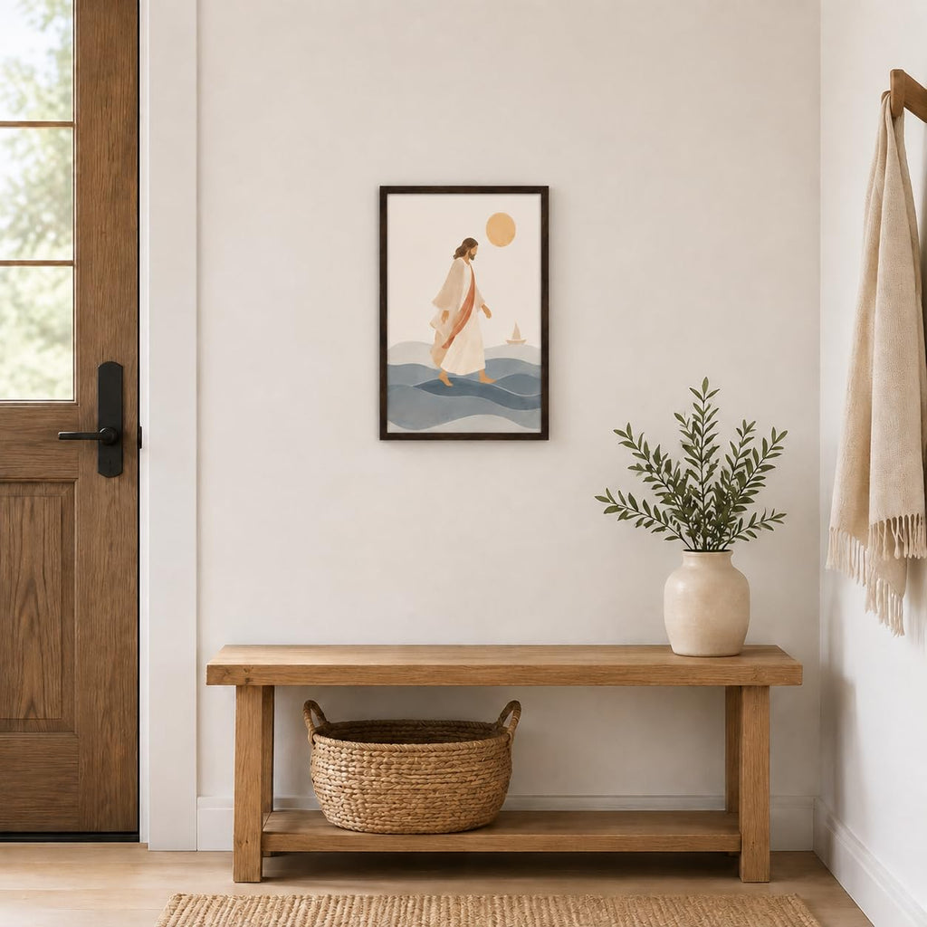 Framed Jesus Walking on Water Canvas Wall Art, Minimalist Christian Faith Wall Decor, Neutral Biblical Ocean Print
