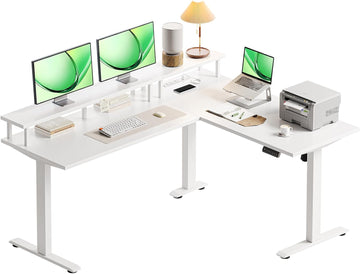 59 Inch L Shaped Electric Standing Desk, Single Monitor Stand, White | Reversible L Shaped Desk With 3 Memory