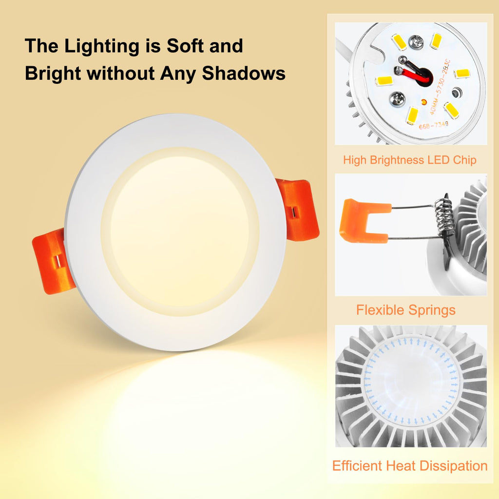 2 Inch LED Recessed Lighting, Dimmable LED Downlight 3W (35W Halogen Equivalent), CRI80+, 3000K Warm White Canless