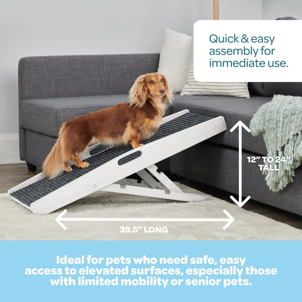 39.5" Indoor Pet Ramp, White Collapsible Dog and Cat Ramp with Adjustable Height, Non-Slip Carpet Surface, Rubber