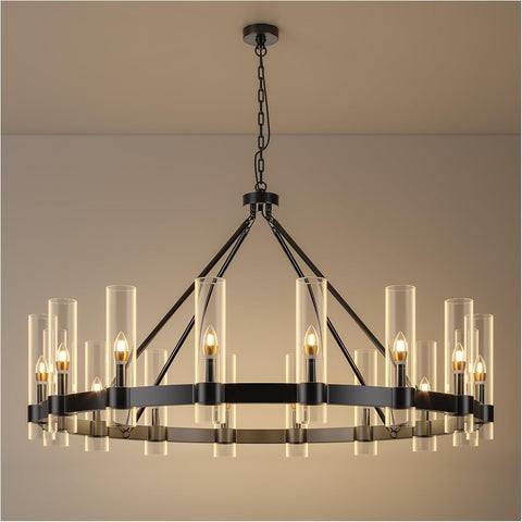 48 Inch Black Wagon Wheel Chandelier with Glass Shade, 16 Lights, Modern Farmhouse Style, Ideal for Dining Room, Kitchen, Entryways A115-B0CDXX86H1