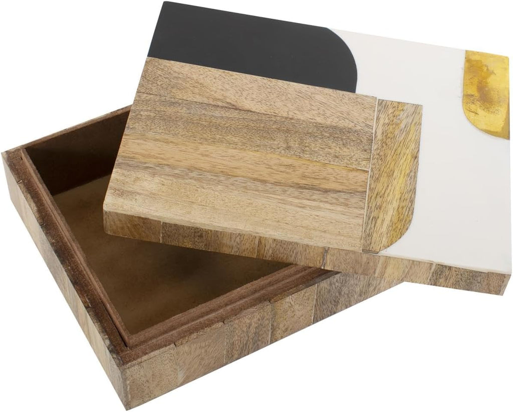 Craftsman Decorative Lidded Storage Box, Modern Wood Accent Organizer with Black Gold Patterned Top for Table, Shelf