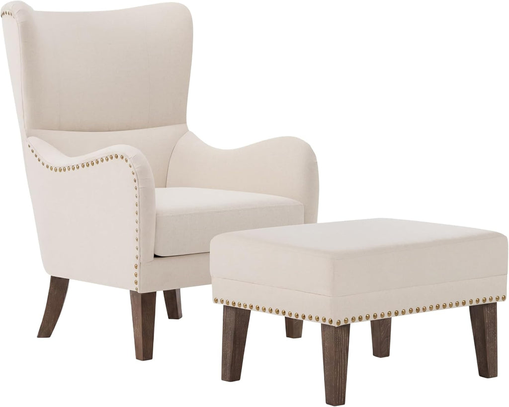 Accent Wingback Chair with Ottoman, Upholstered High Back Reading Chair, Beige Linen Blend Armchair with Nailhead