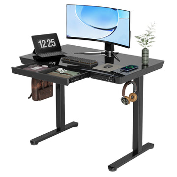 Glass Standing Desk with Drawers, 40 x 24 Inch Electric Stand Up Desk with USB Ports, Adjustable Height, Black