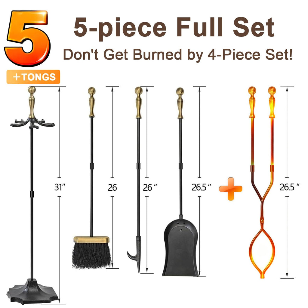 5 Pcs Fireplace Tools Brass Handles Wrought Iron Set Holder Indoor Outdoor Fireset Fire Pit Stand Rustic Tongs Shovel