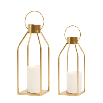 Modern Farmhouse Lantern Decor- Gold Metal Candle Lanterns for Christmas- Lanterns Decorative w/Timer Flickering